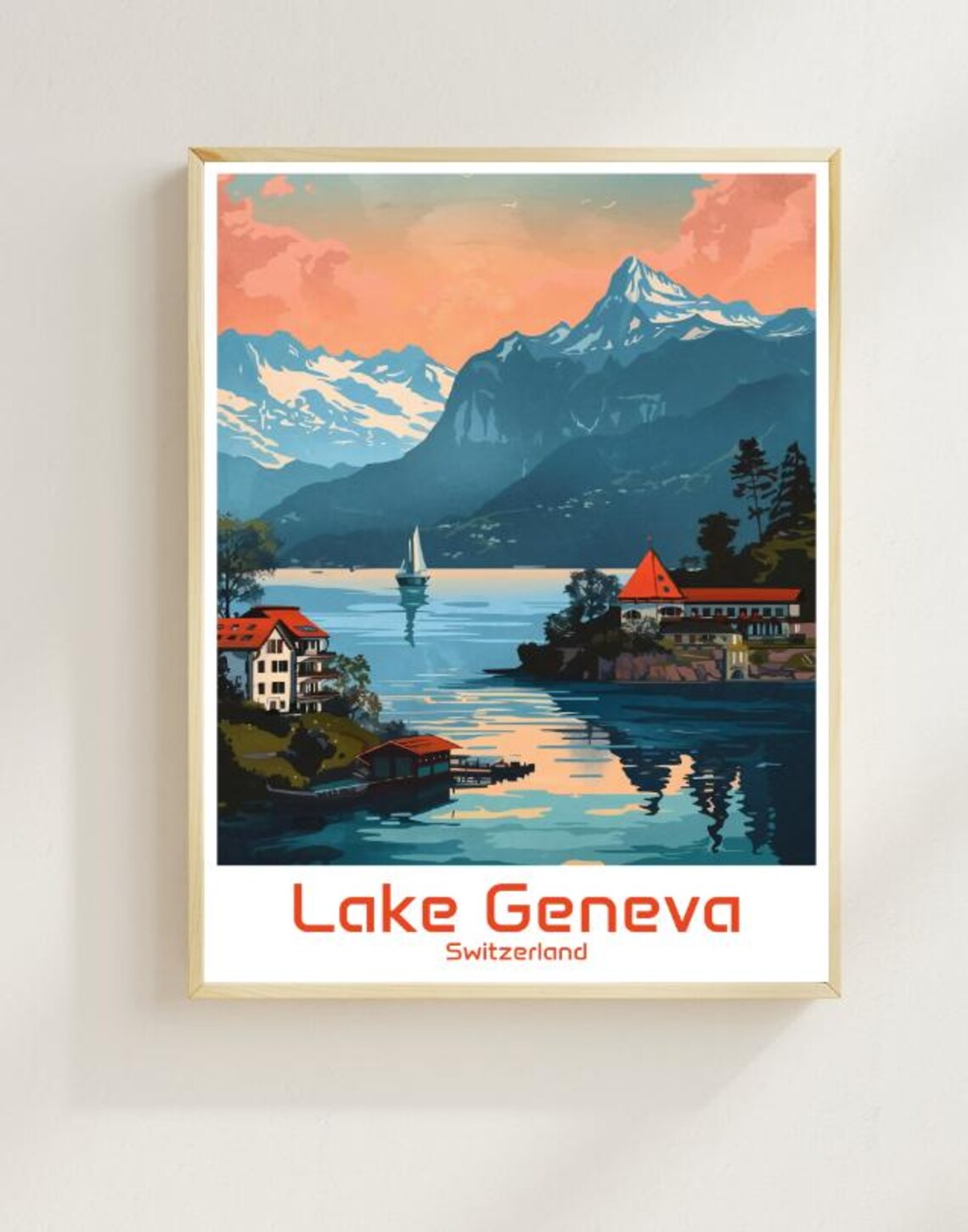 Lake Geneva Switzerland Alpine Sunset Sailboat Scene Travel Poster