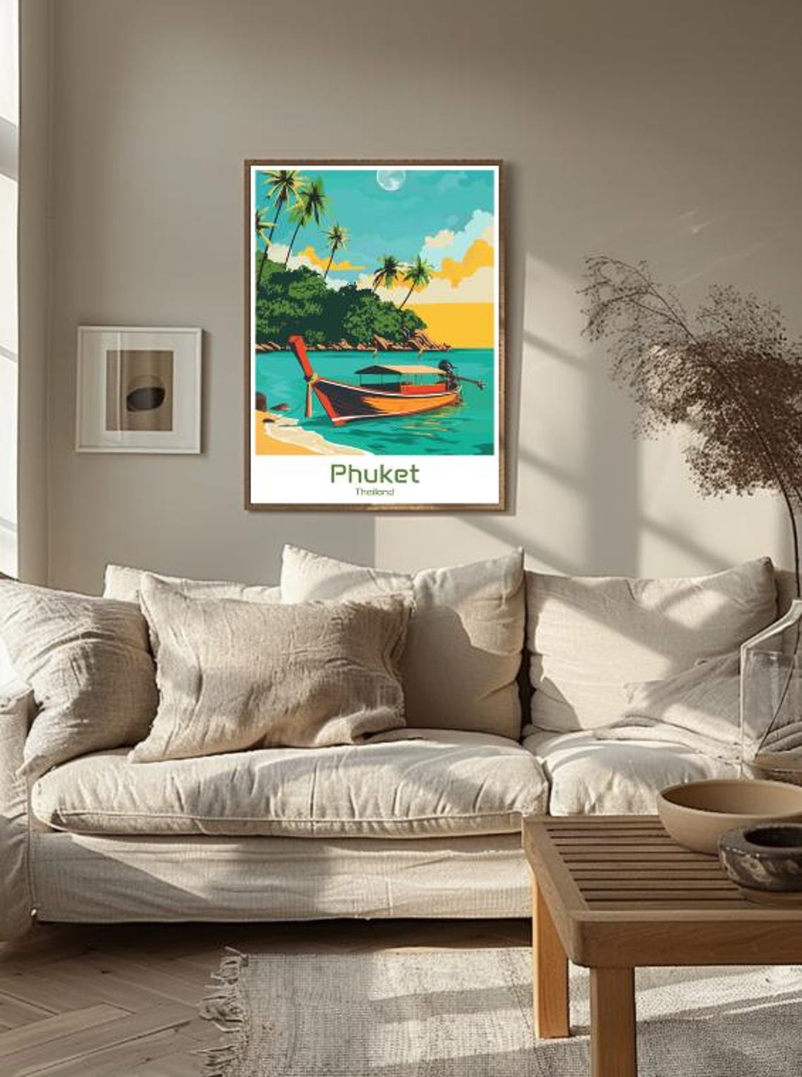 Phuket Thailand Longtail Boat Anchored By A Palm Covered Island Poster - Image 3
