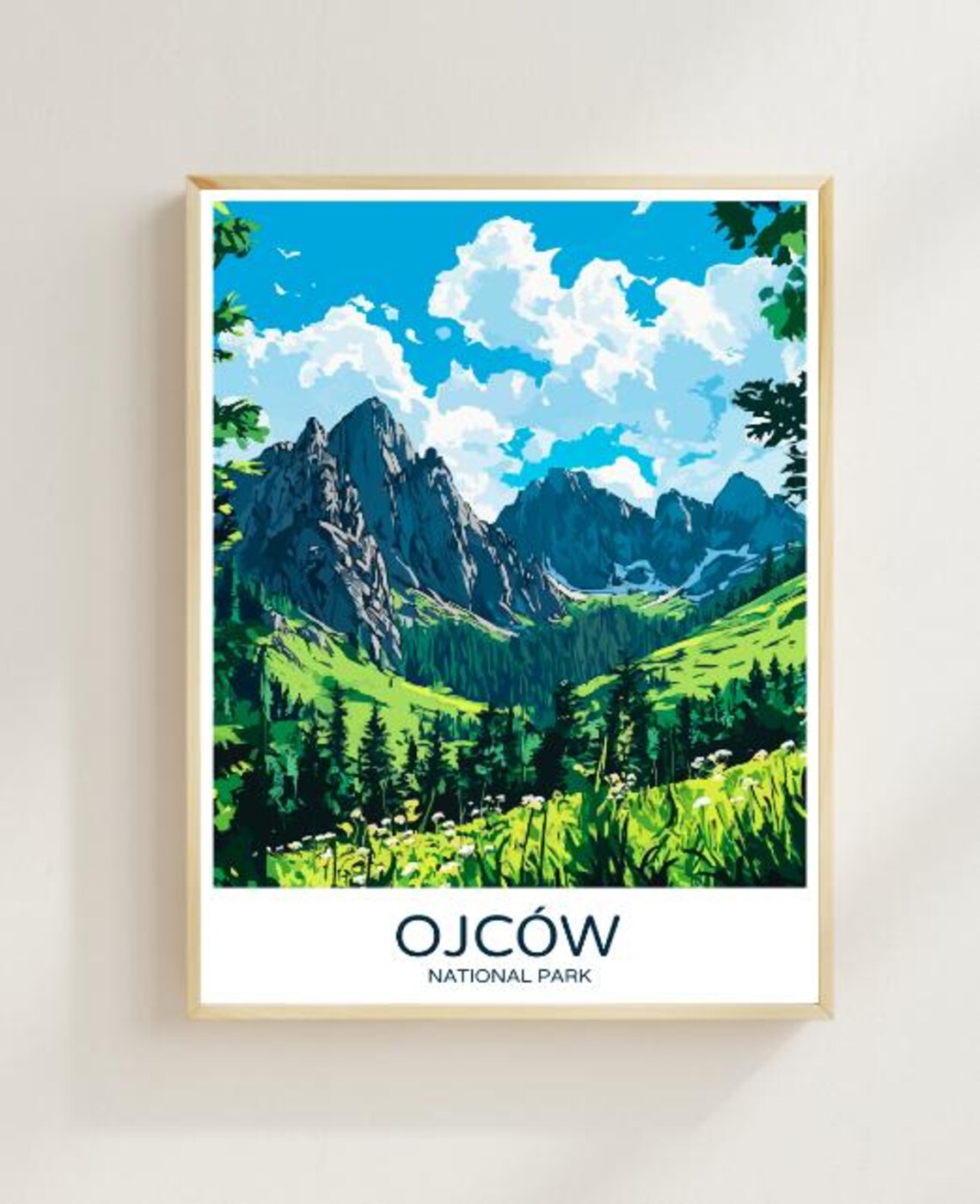 Ojcow National Park Poland Travel Poster with Green Peaks and Meadows