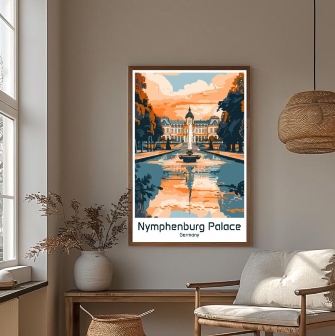 Nymphenburg Palace Munich Sunset Fountain Reflection View Poster - Image 4