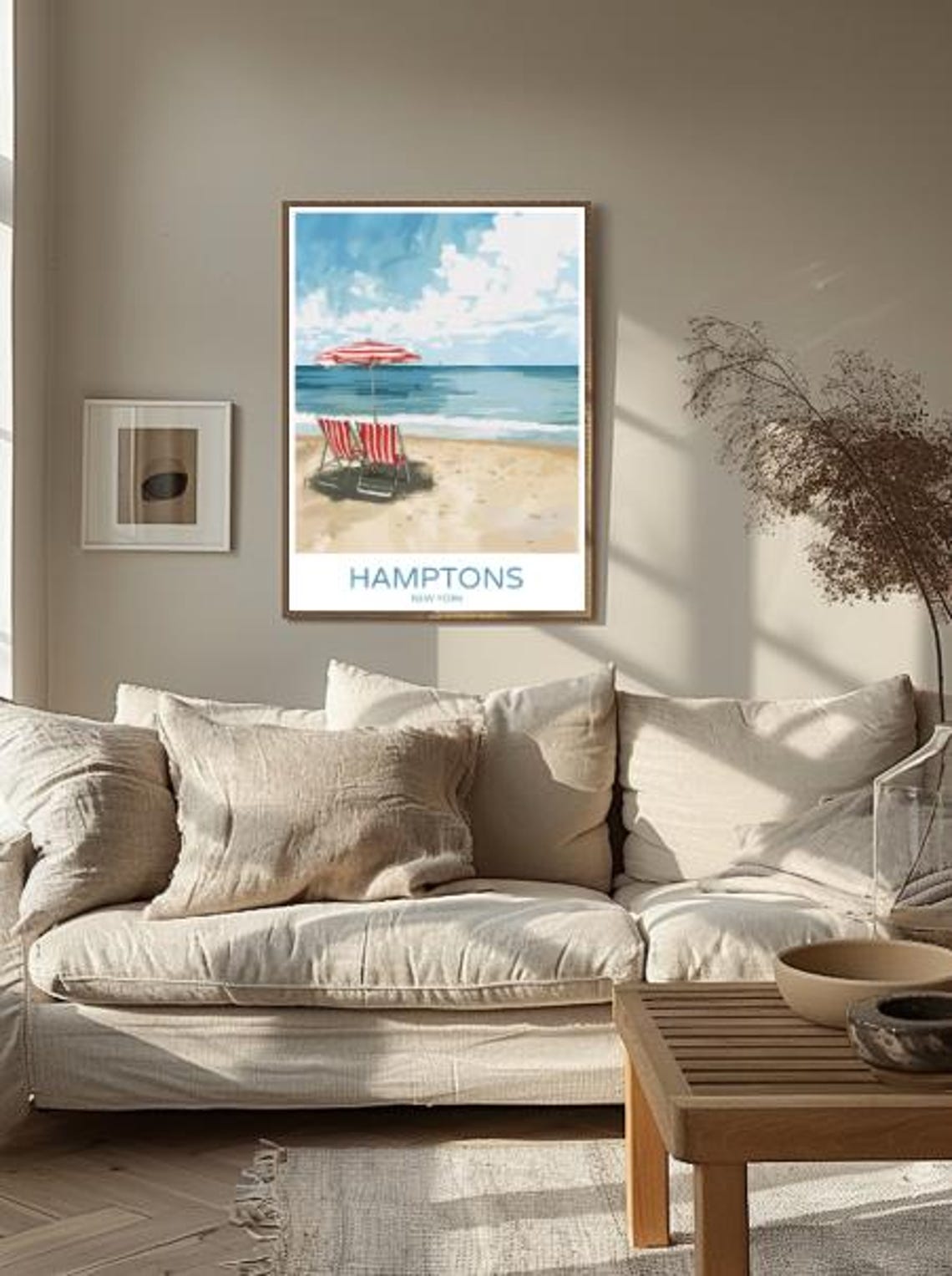 Hamptons New York Beach Day Poster With Striped Umbrella Chairs Sand - Image 2
