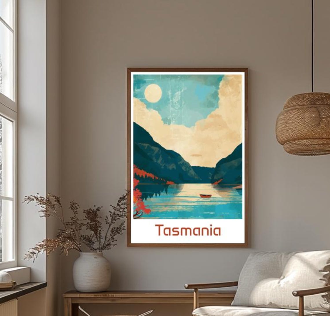 Tasmania Wilderness Lake Red Canoe Mountain Reflection Poster - Image 4