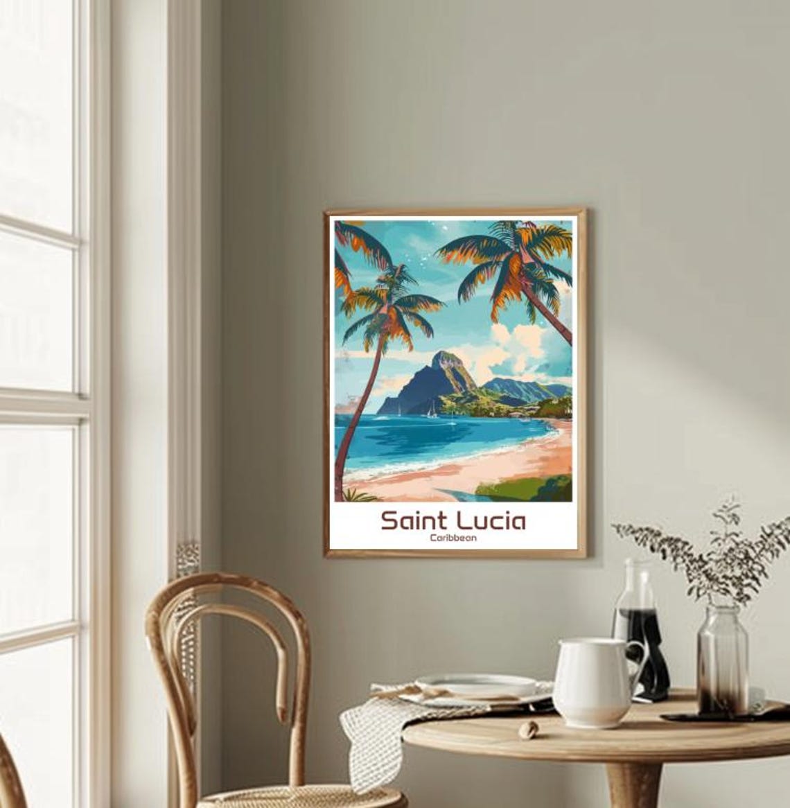 Tropical Saint Lucia Caribbean Piton Peak Beach Palms Poster - Image 2