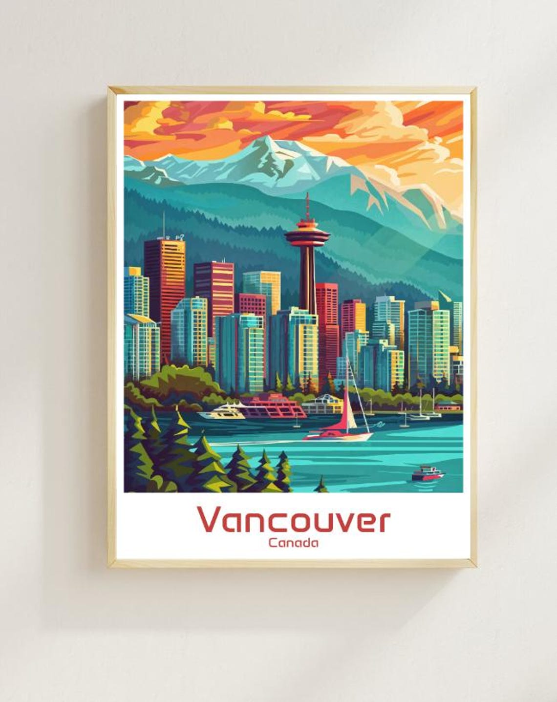 Vibrant Vancouver Canada Harbor Skyline Mountain Sunset Poster