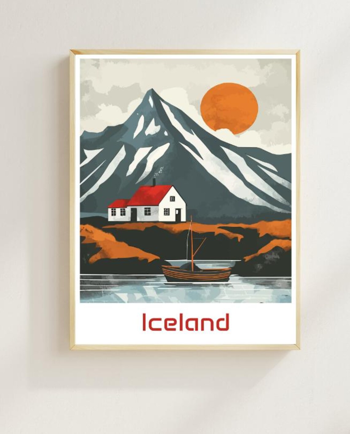 Iceland Red Cottage Mountain Fjord Sunset Vintage Travel Poster