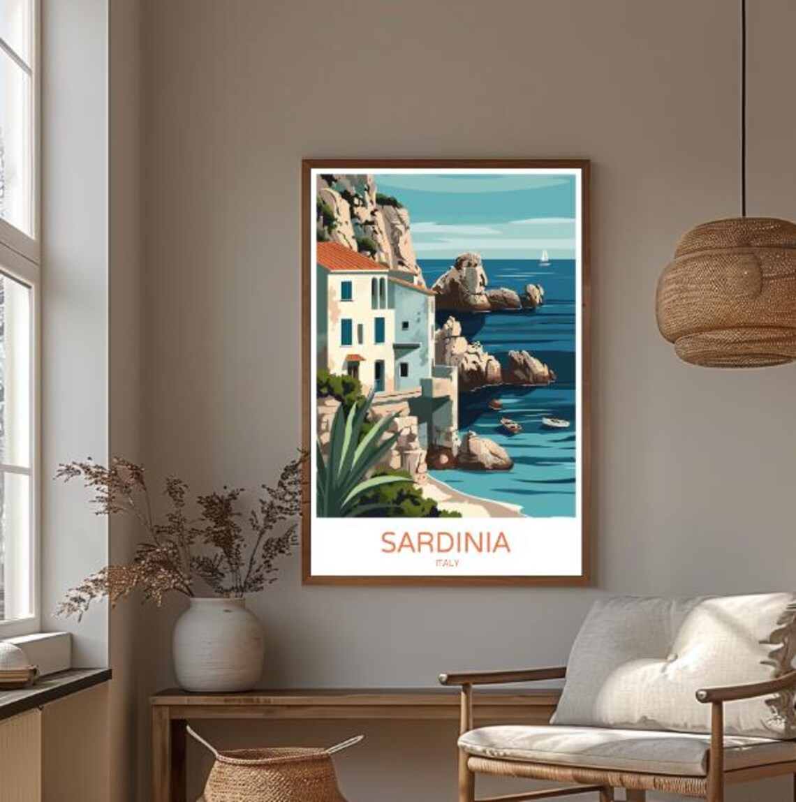 Sardinia Italy Travel Poster Rocky Coast Cliffside House View - Image 3