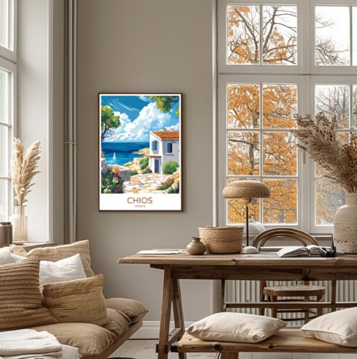 Chios Greece Travel Poster Seaside Villa Sailboat And Stone Path View - Image 4
