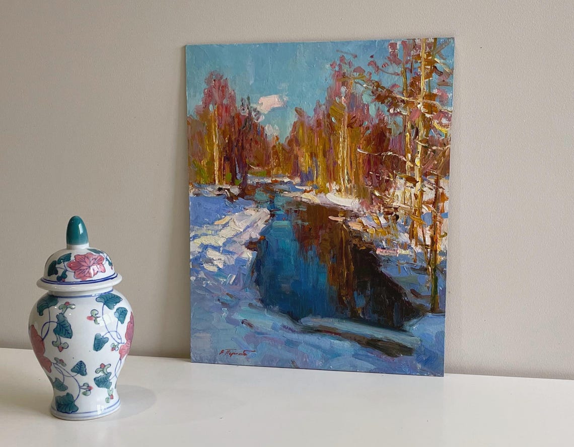Winter Forest River Snow Banks Blue Water Impressionist Oil Painting - Image 3
