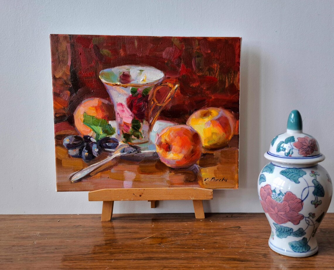 Peaches Floral Teacup Fruit Still Life Impressionist Oil Painting Art - Image 5