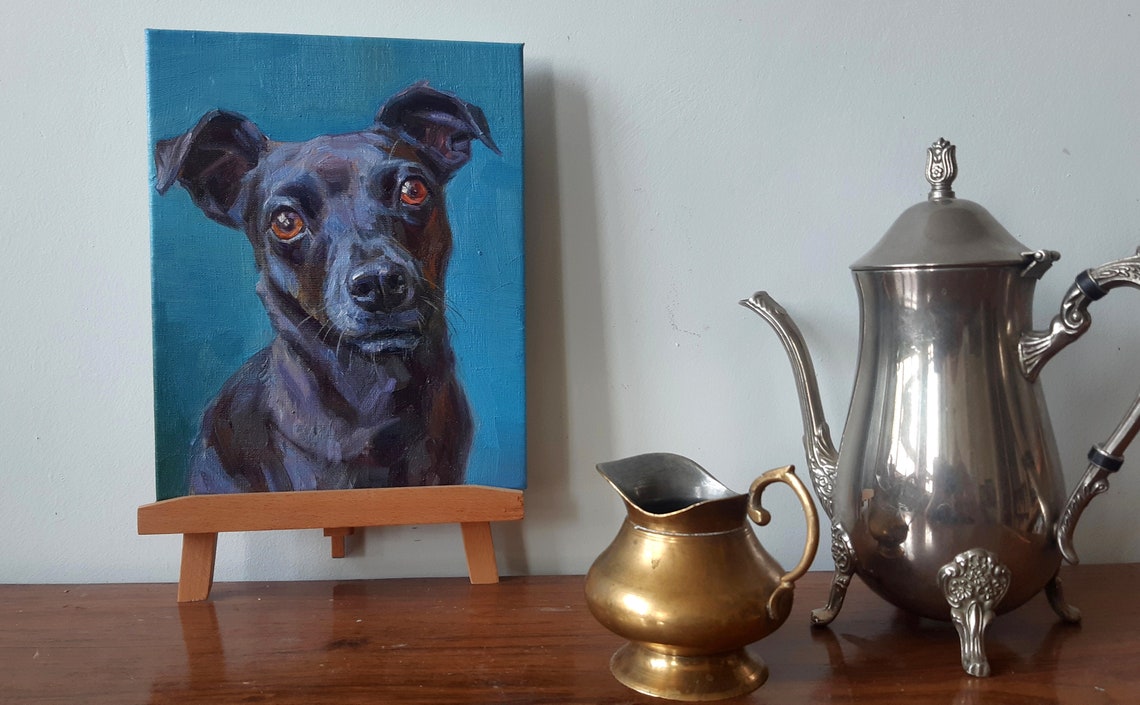 Black Dog Portrait Teal Background Expressive Oil Painting Pet Art - Image 3