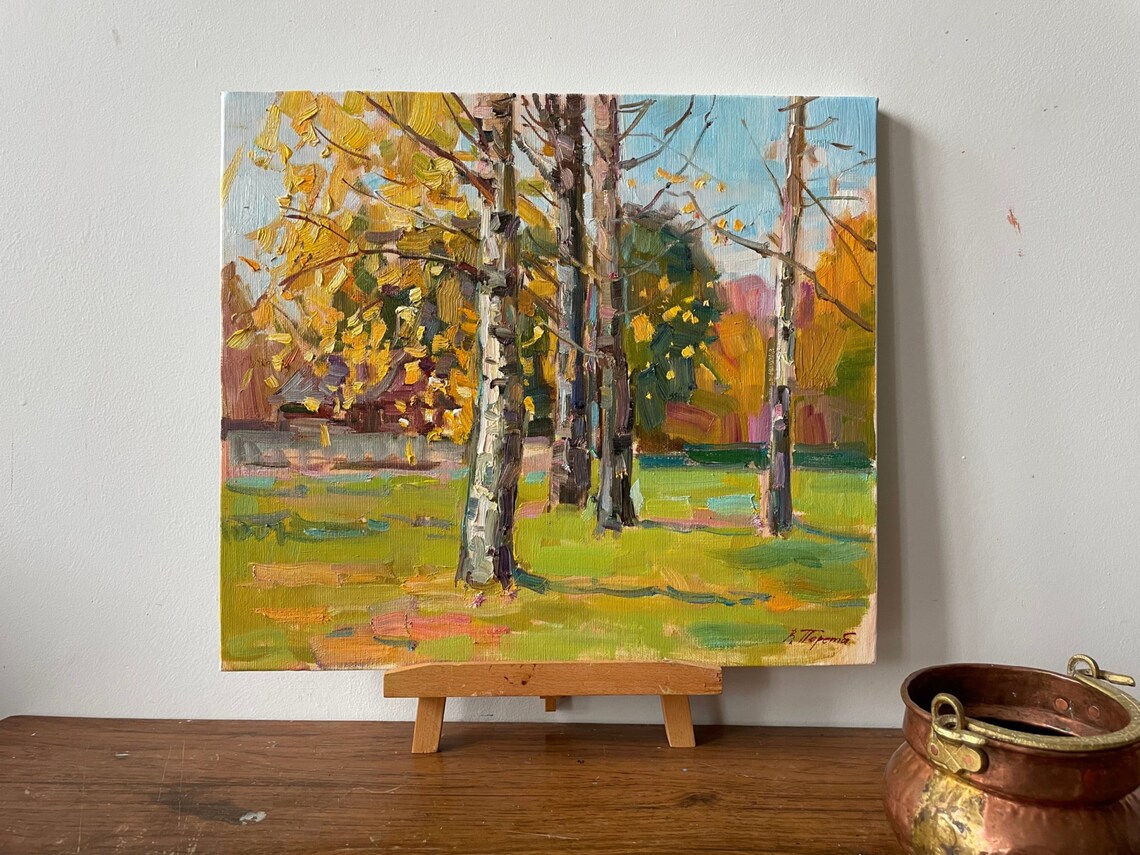 Autumn Park Birch Trees Golden Foliage Impressionist Oil Painting Art - Image 5