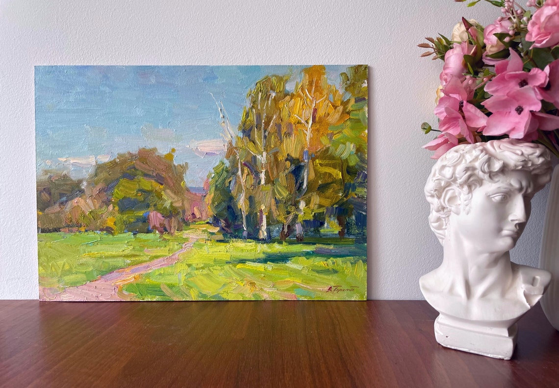Green Meadow Path Golden Birch Trees Spring Oil Painting Landscape Art