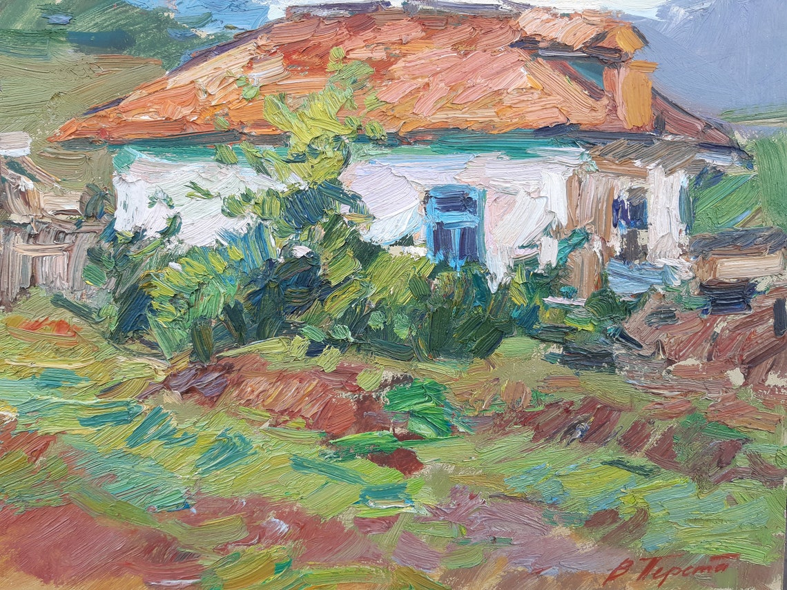 Mountain Village Blue Peaks Rustic Houses Impressionist Oil Painting - Image 2