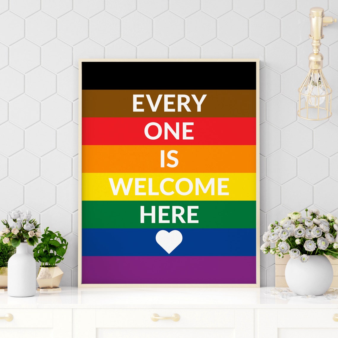 Everyone Is Welcome Here Rainbow Flag Heart Inclusivity Poster