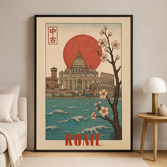 Rome Italy Japanese Style Vintage Travel Cityscape Cherry Blossom Poster