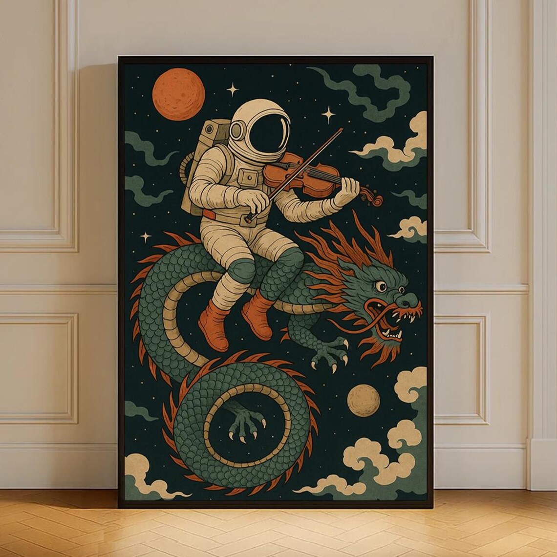 Astronaut Playing Violin Riding Cosmic Dragon Surreal Vintage Space Poster