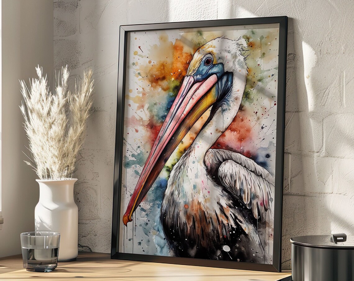 White Pelican Portrait Watercolor Coastal Bird Splash Art Poster