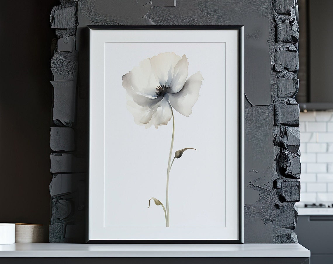 White Poppy Flower Minimalist Watercolor Elegant Botanical Poster