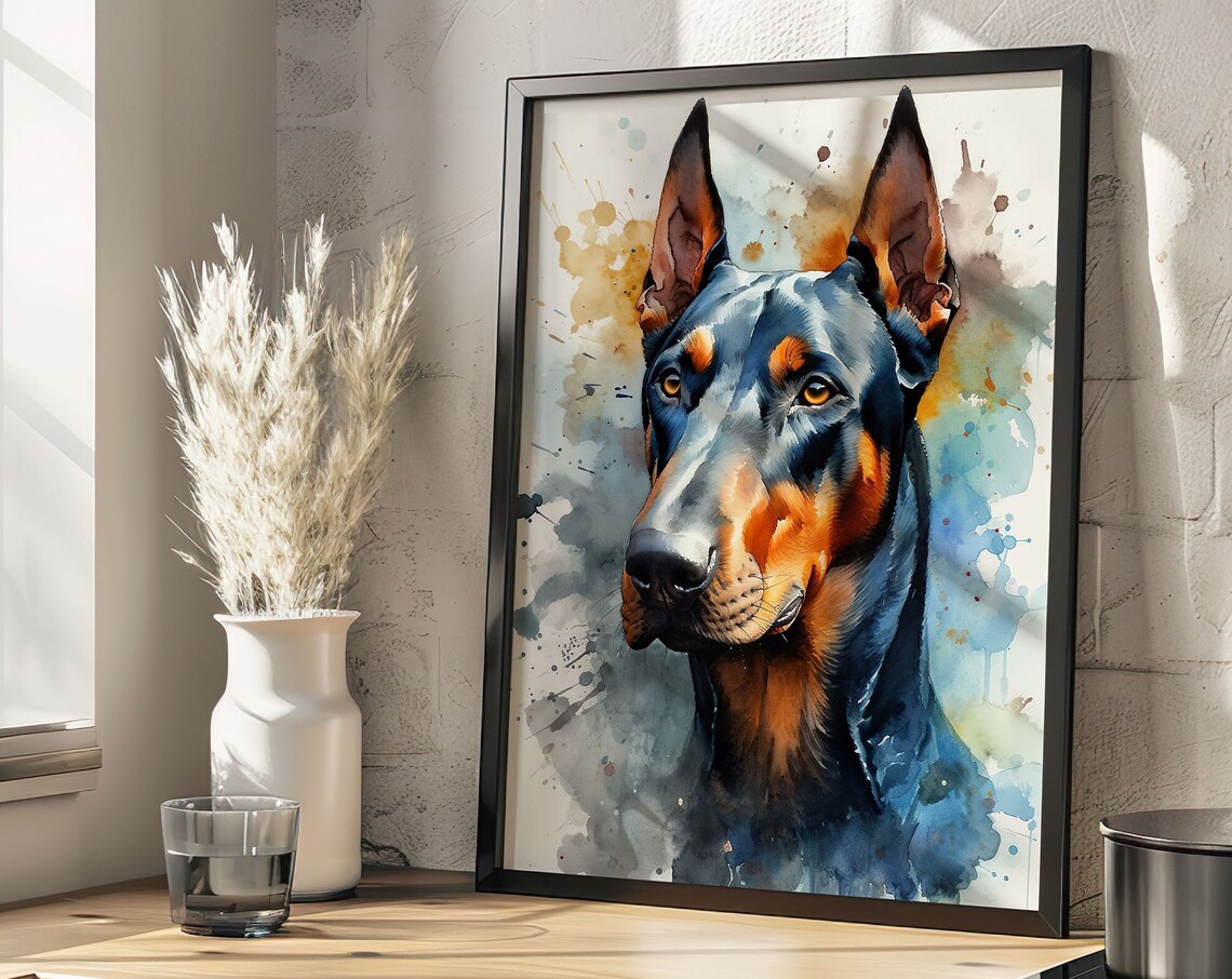 Doberman Pinscher Watercolor Dog Portrait Colorful Splash Art Poster