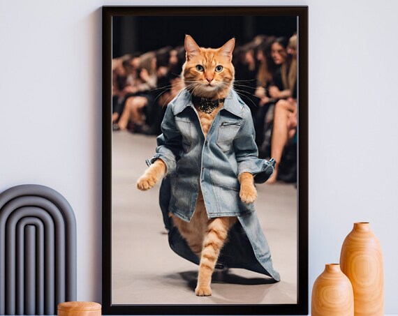 Ginger Cat Denim Fashion Show Funny Catwalk Runway Portrait Wall Poster