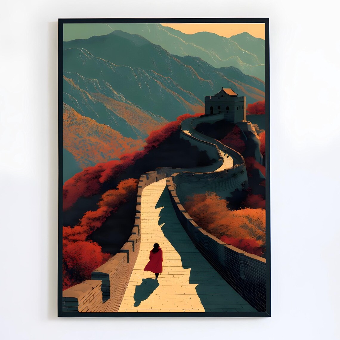 Great Wall Of China Autumn Foliage Lone Traveler Red Coat Poster
