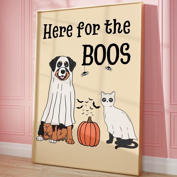 Here For The Boos Vintage Halloween Cat Ghost Art Print