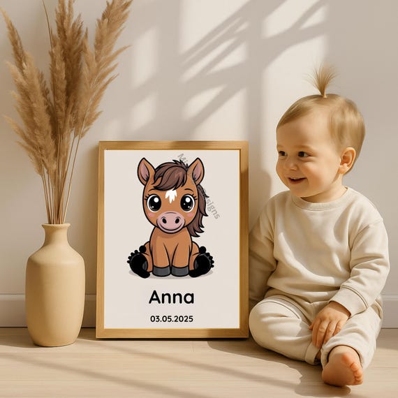 Baby Pony Poster Customizable Canva Template Nursery Horse Picture Birth With Name