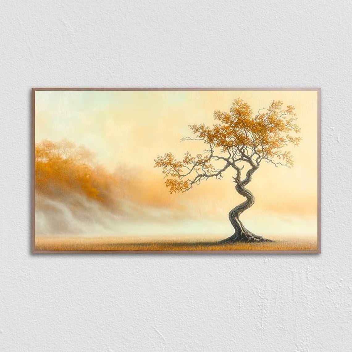 Twisted Golden Tree in Misty Fog Glowing Amber Autumn Landscape Poster