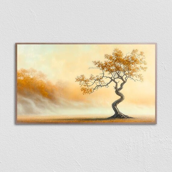Twisted Golden Tree in Misty Fog Glowing Amber Autumn Landscape Poster