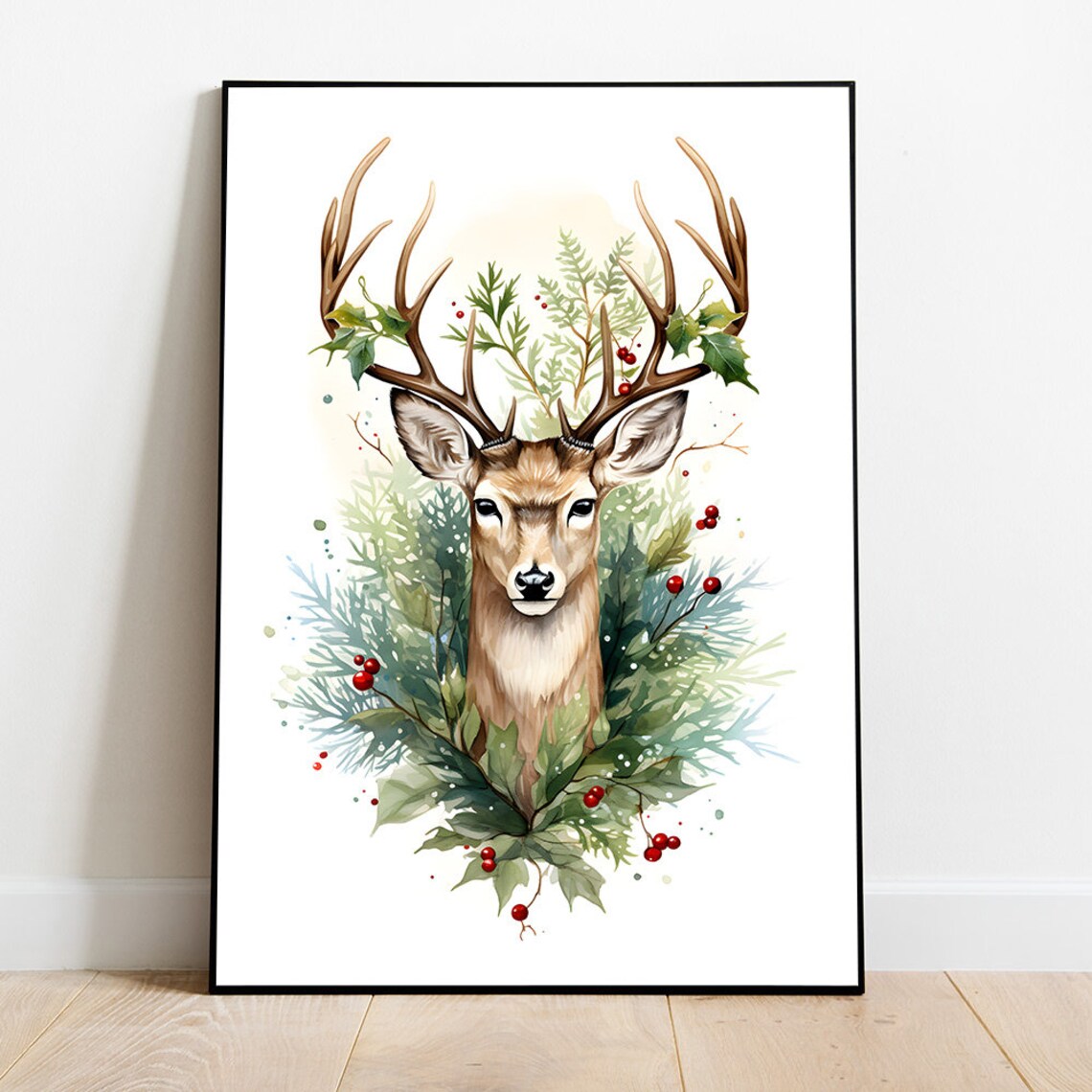 Watercolor Deer With Holly Berries And Evergreens Christmas Poster