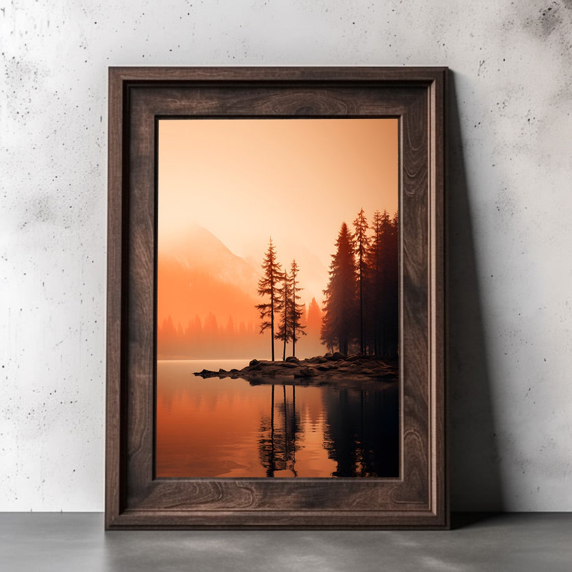 Burning Orange Sunset Lake Pine Silhouette Reflection Wall Art - Image 2