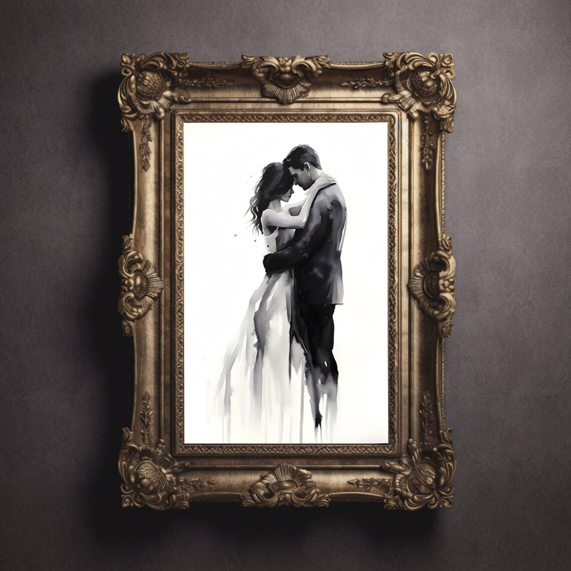 Monochrome Dancing Couple Embrace Watercolor Romantic Poster - Image 3