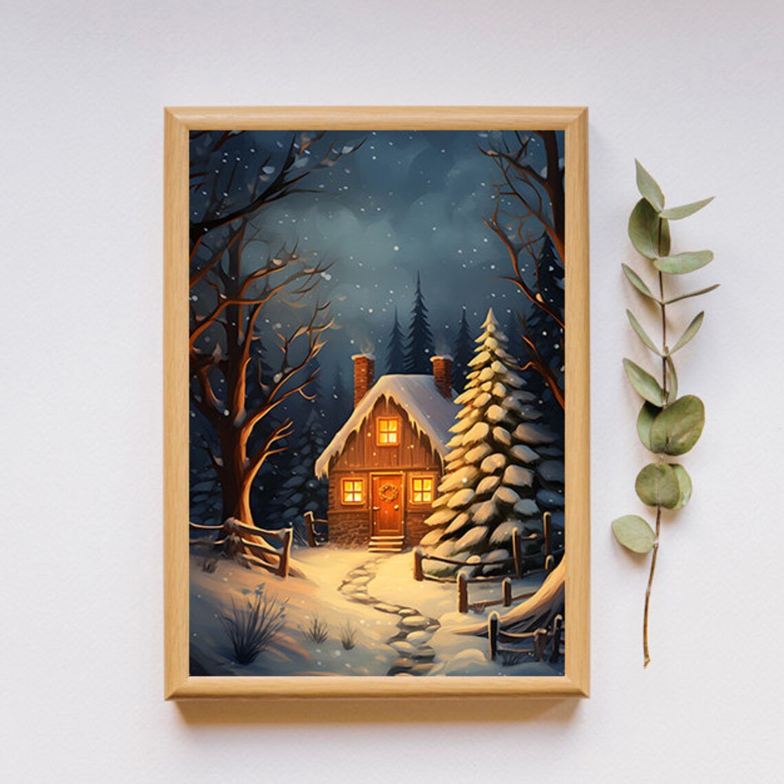 Glowing Wooden Cabin At Night In A Snowy Starlit Forest Poster - Image 2