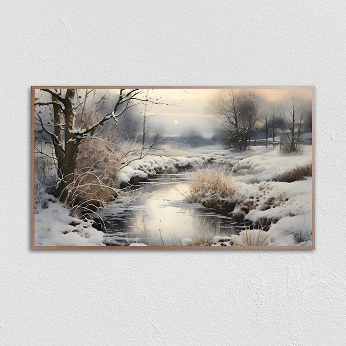 Snowy Stream At Sunset Glowing Over Frosty Winter Banks Poster