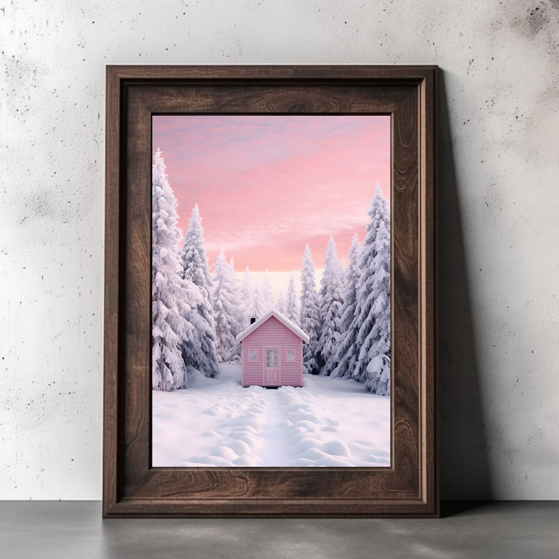 Pink Cabin In Snowy Forest Sunset Dreamy Winter Wonderland Poster - Image 2
