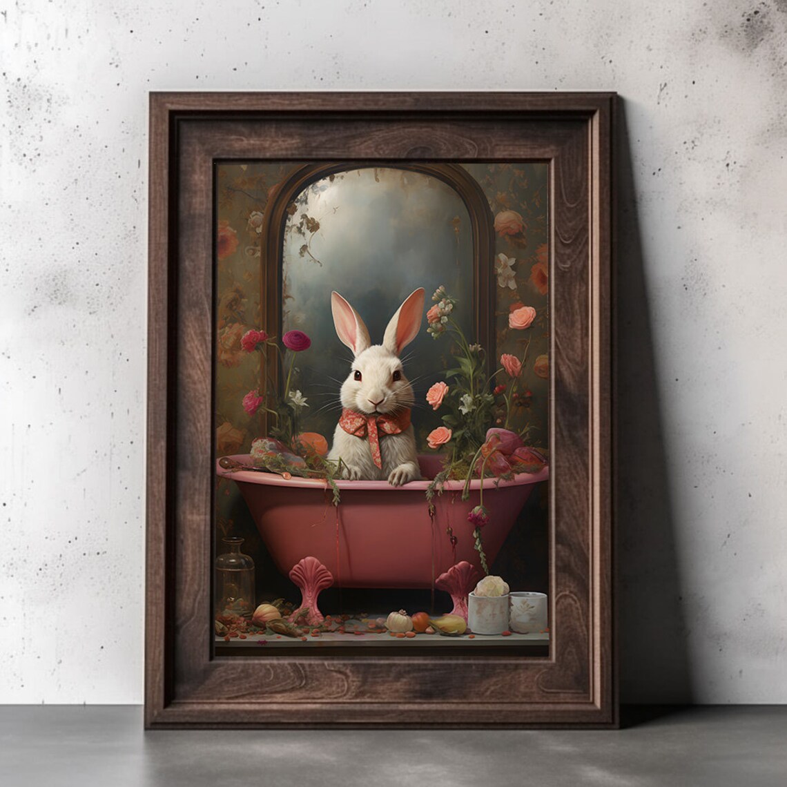 Quirky White Rabbit In Pink Clawfoot Bathtub With Roses Poster - Image 2