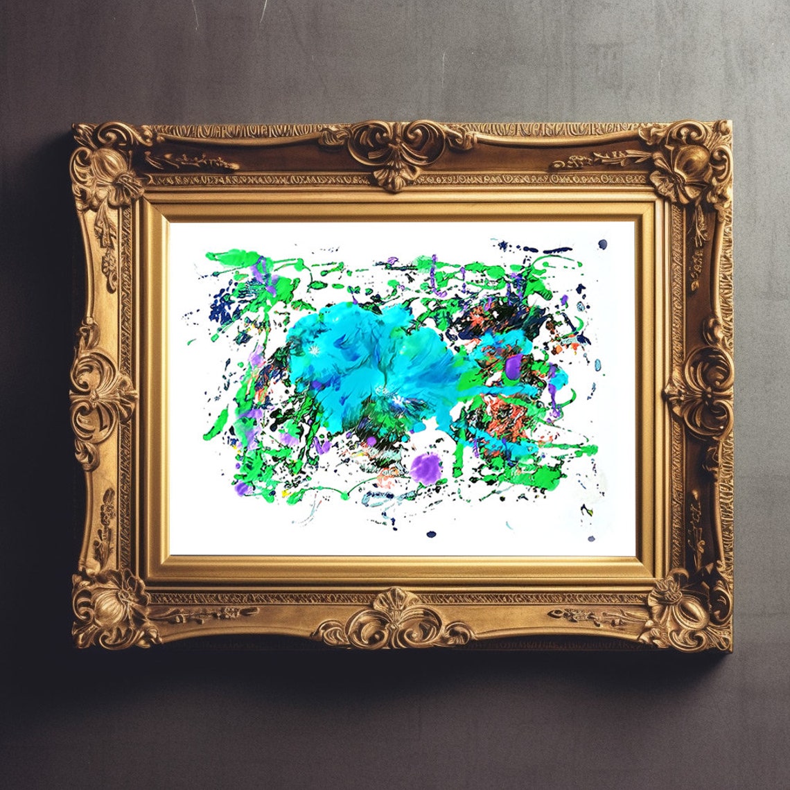 Turquoise Bloom Ink Splatter Abstract Green Purple Art Poster - Image 3
