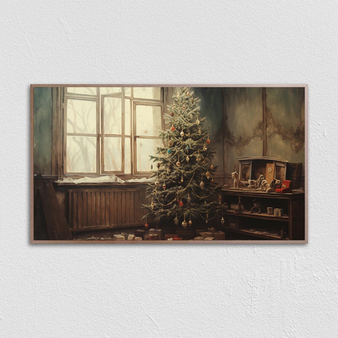 Vintage Christmas Tree In Rustic Room With Antique Toys Poster