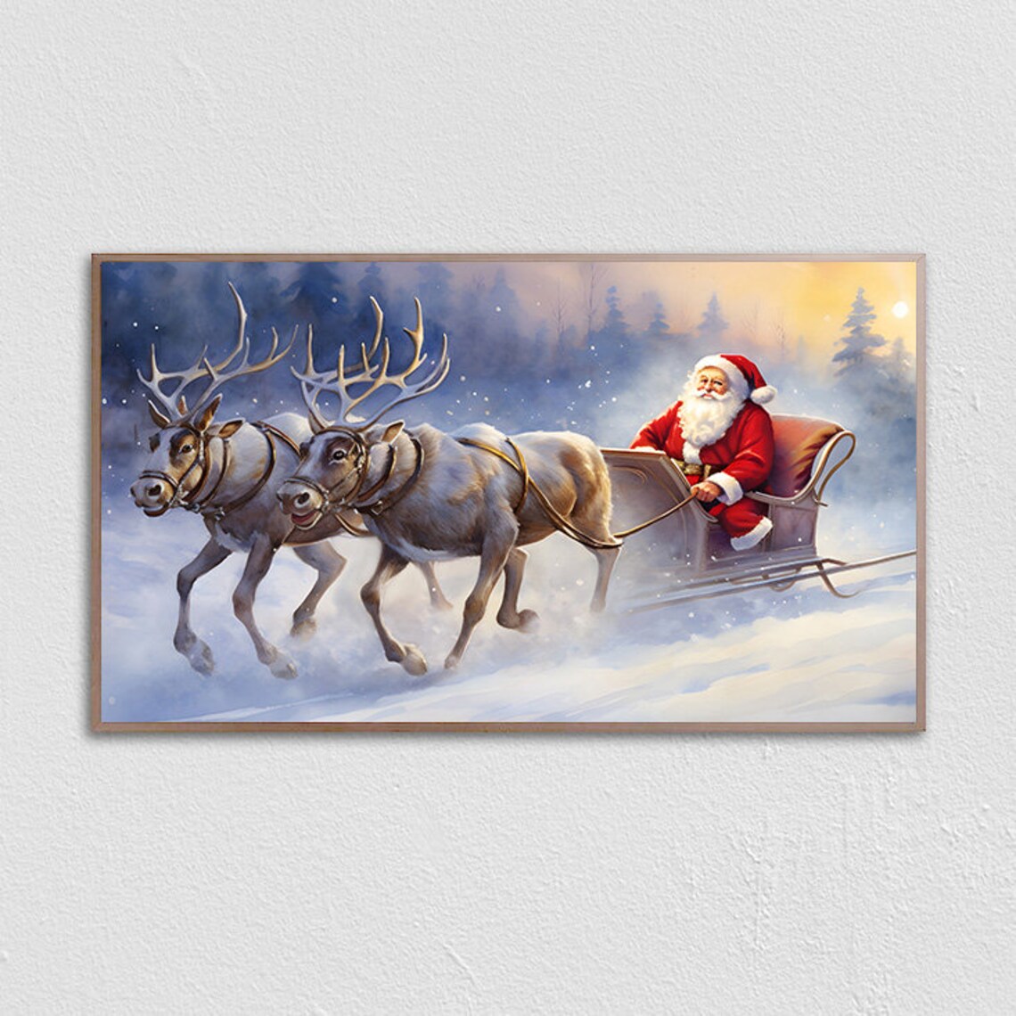 Santa Claus Riding Reindeer Sleigh Through Snowy Forest Poster