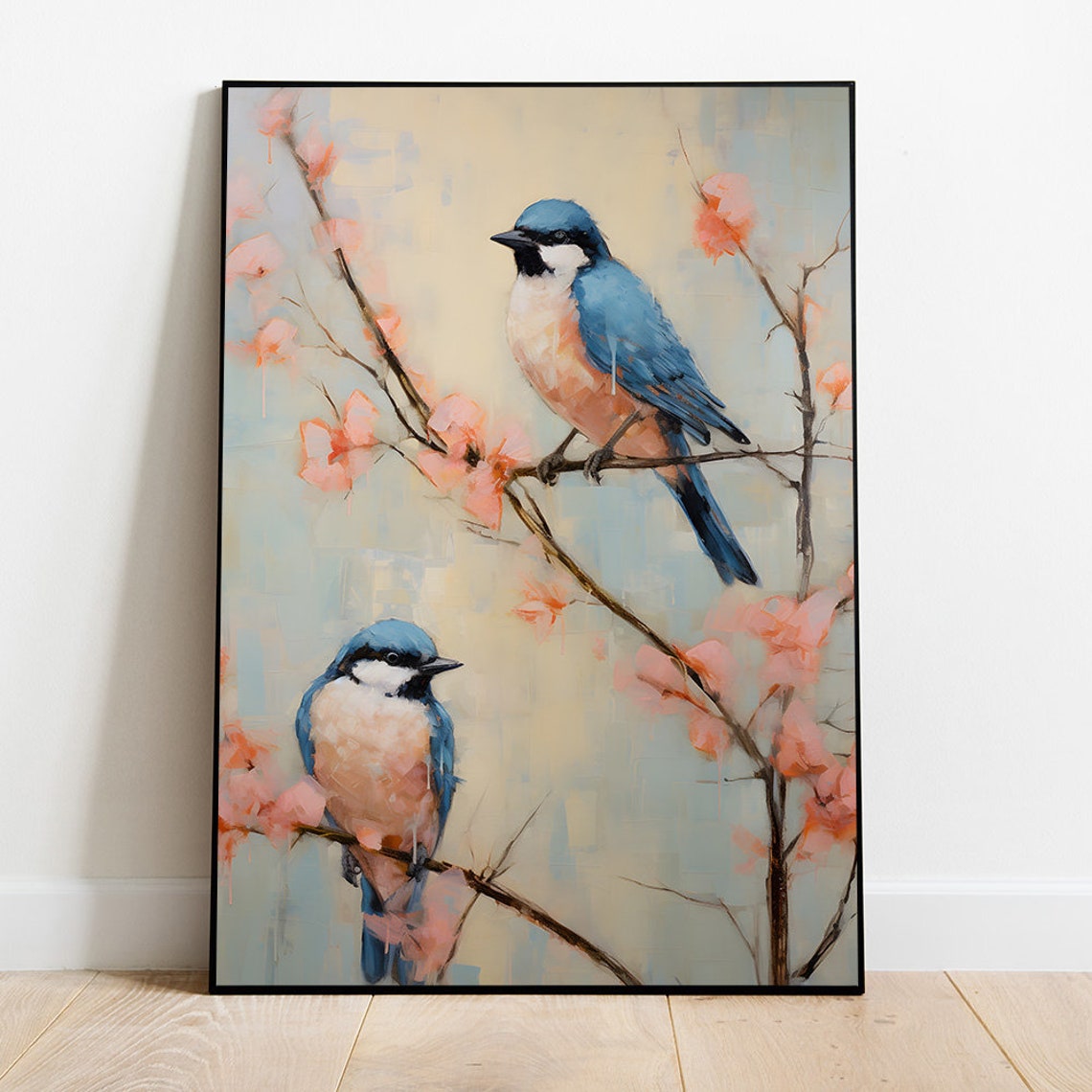 Pair Of Bluebirds On Cherry Blossom Branches Spring Morning Poster