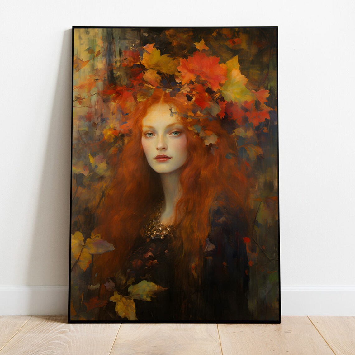 Red Haired Woman Surrounded By Autumn Leaves Oil Portrait Poster
