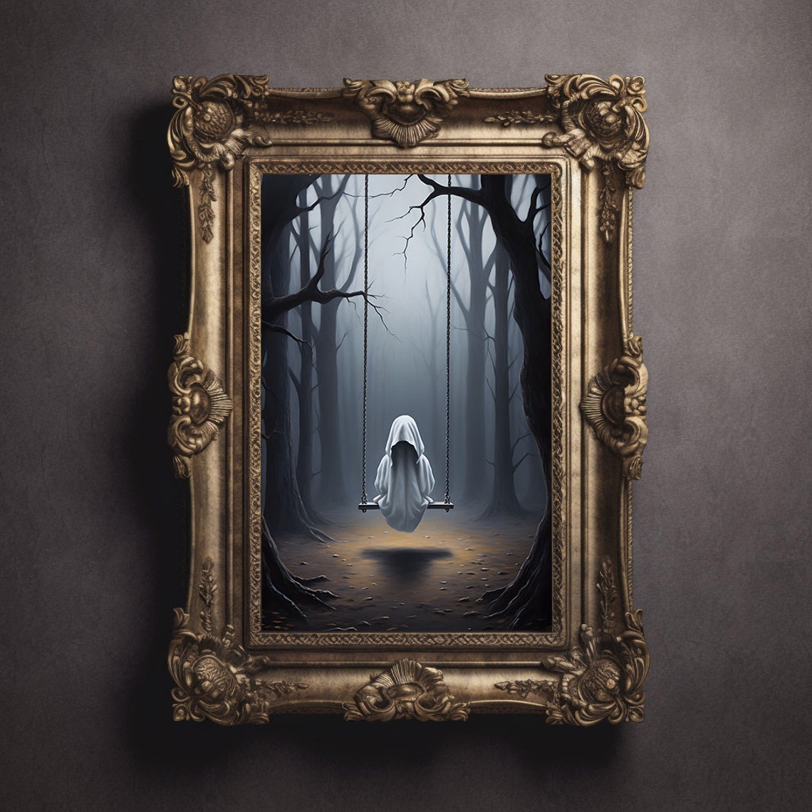 Ghost On A Swing In Dark Spooky Forest Halloween Night Art Poster - Image 2