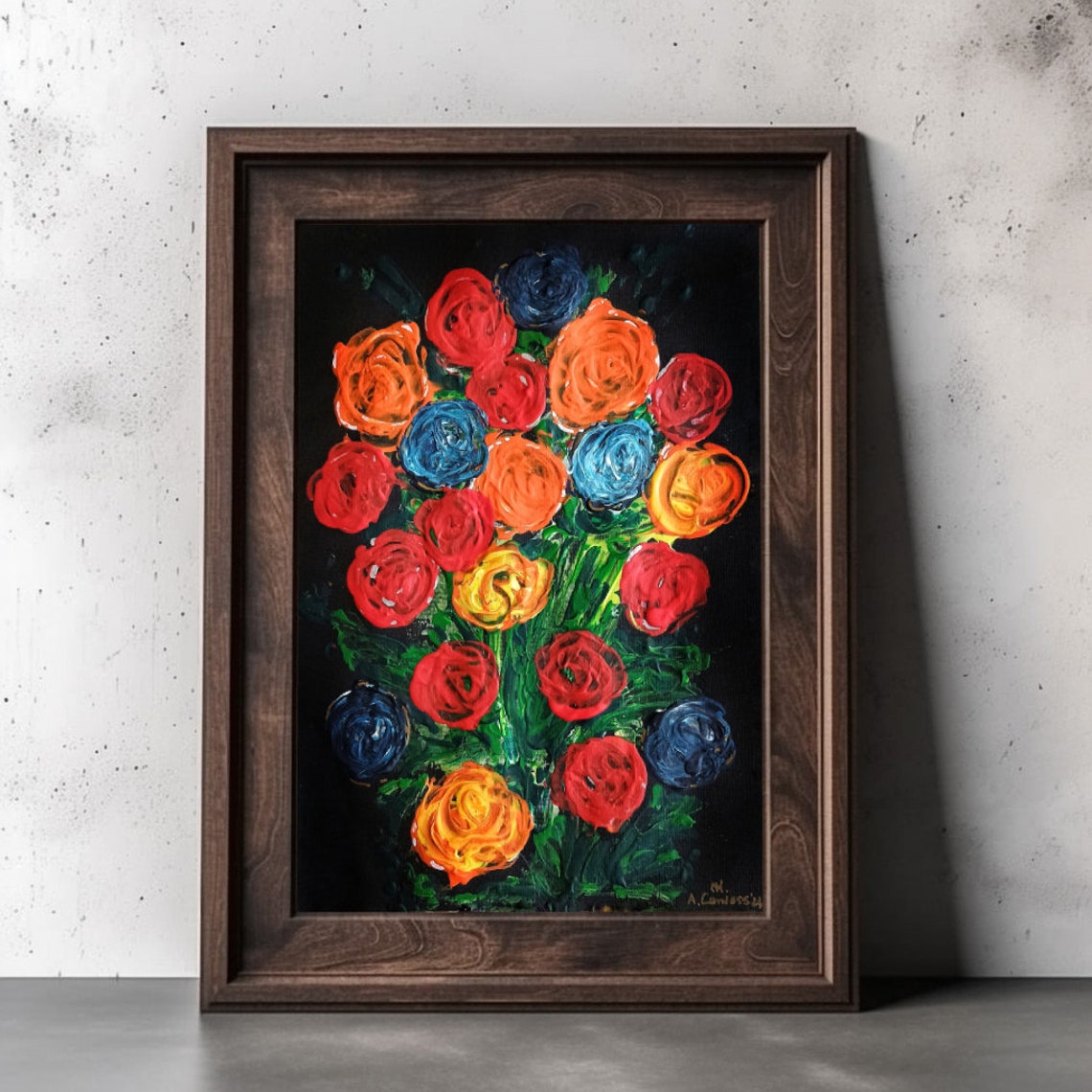 Colorful Rose Bouquet Impasto Oil Painting on Black Background Poster - Image 2