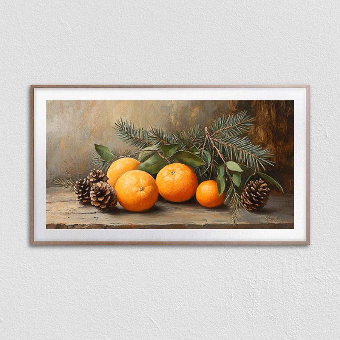 Rustic Oranges with Pinecones and Evergreen Branches Still Life Poster - Image 3