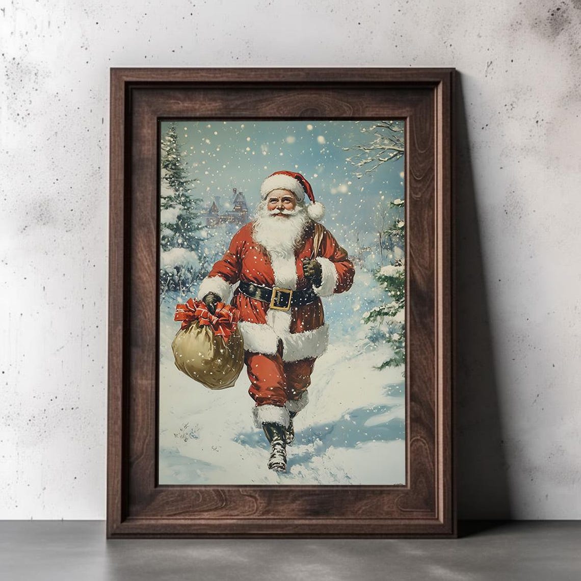 Vintage Santa Claus Walking in Snow with Gift Bag Retro Style Poster - Image 2