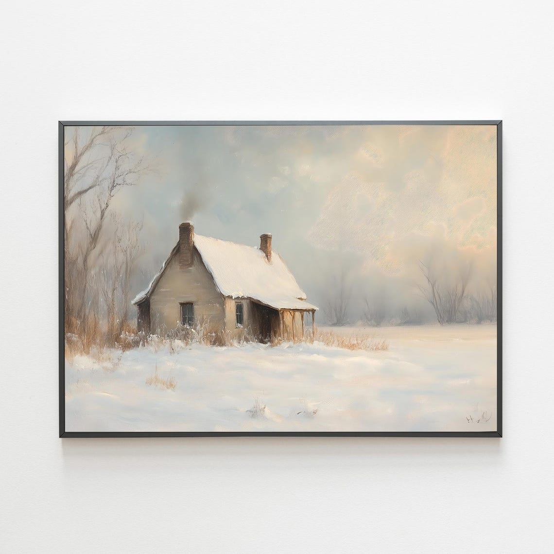 Snowy Country Cabin with Chimney Smoke Winter Pasture Painting Poster