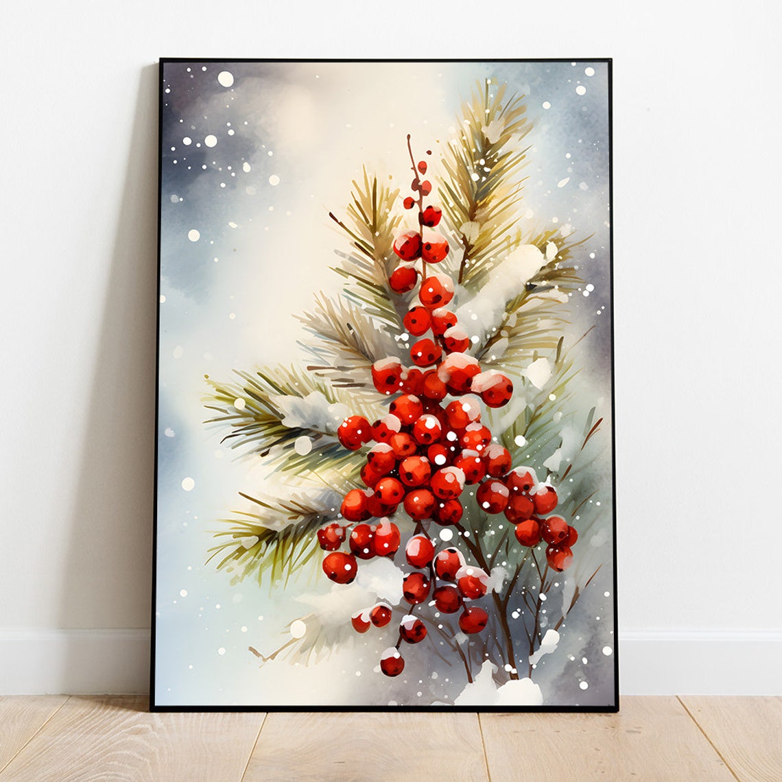 Red Winter Berries With Snowy Pine Branches Watercolor Poster