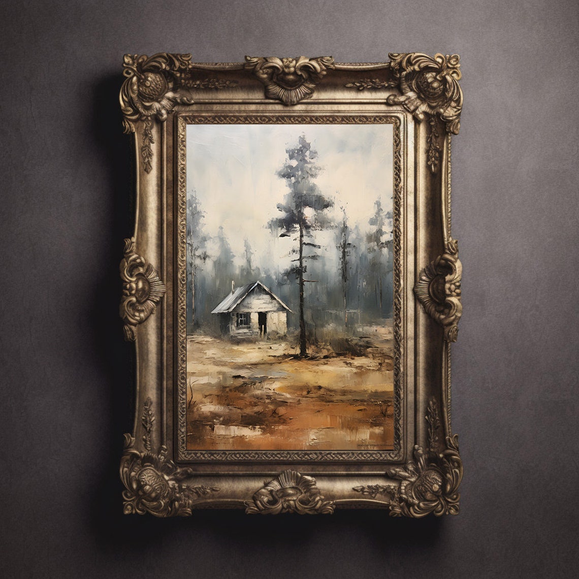Misty Fall Forest Cabin Warm Autumn Landscape Painting Poster - Image 2