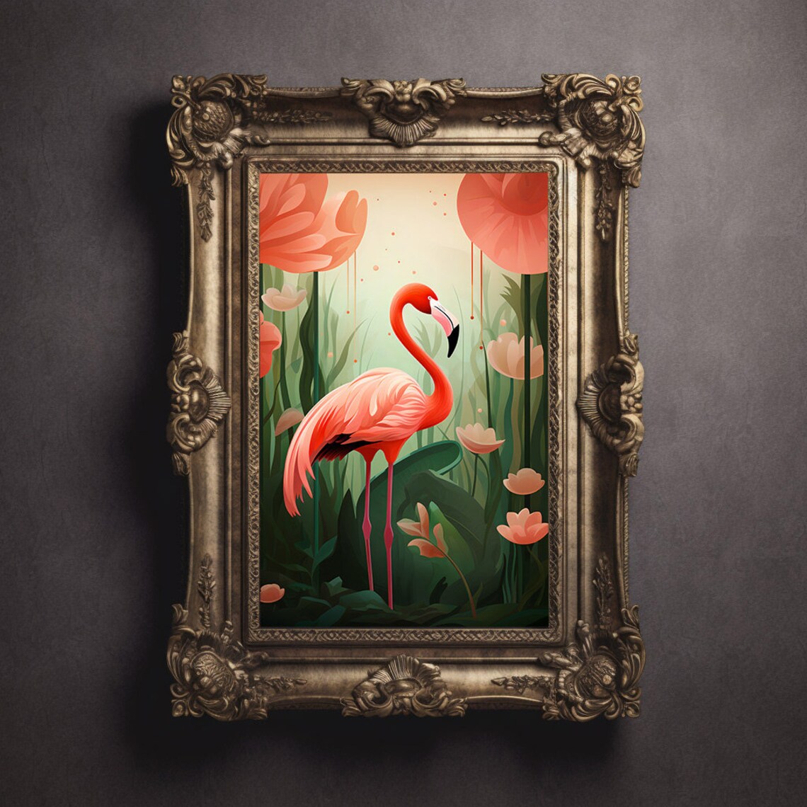 Pink Flamingo in Tropical Flower Garden Botanical Illustration Poster - Image 3