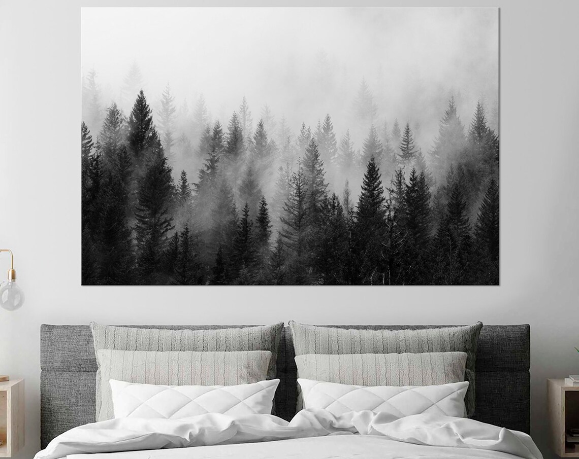 Misty Pine Forest Black White Foggy Evergreen Trees Nature Poster